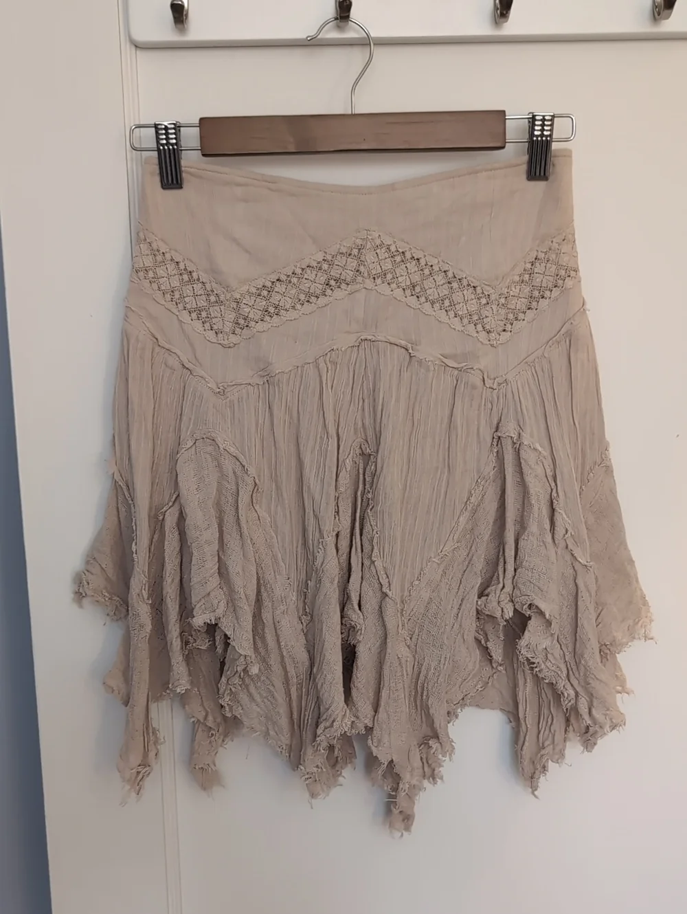 Free People Distressed Taupe Asymmetrical Handkerchief Hem Boho Skirt